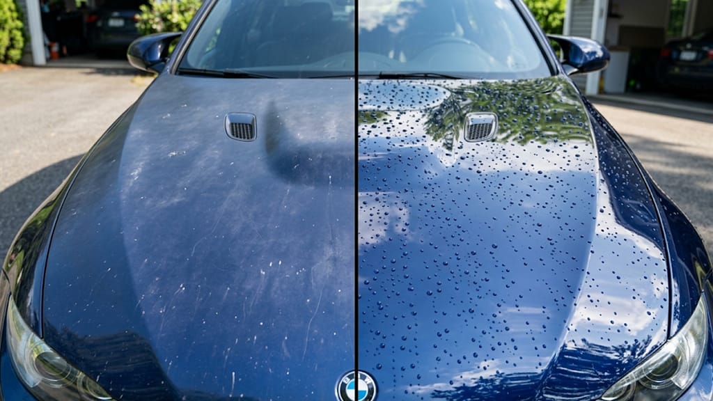 A stunning split image showing a dull car paint on the left and a highly glossy, mirror-like ceramic coated surface on the right with water beads.