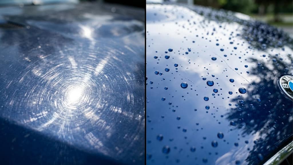 A zoomed-in macro shot comparing a section of paint full of swirl marks (left) versus a newly paint-corrected and ceramic coated section that is flawless (right).