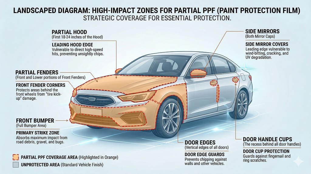 A diagram showing a car with highlighted 'High Impact Zones' for Partial PPF