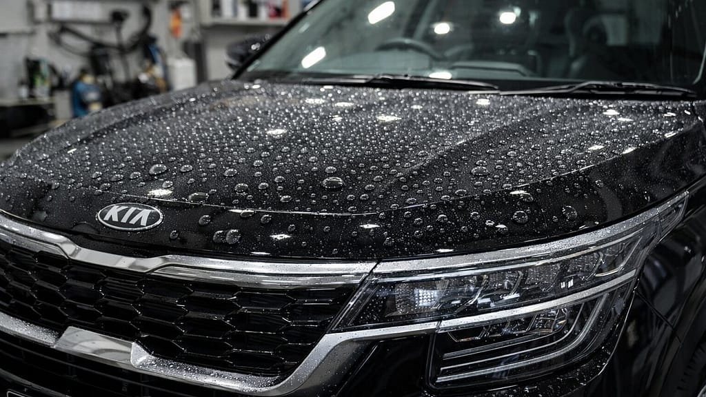 Ceramic coating applied on car paint showing gloss and water beading