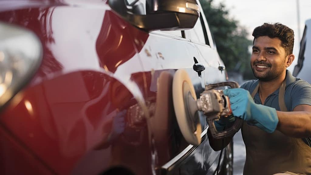 Car exterior detailing with machine polishing and paint correction by professional detailer in India