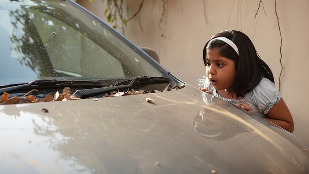 Car parked in Indian road conditions showing dust, sunlight exposure, and environmental impact on vehicle
