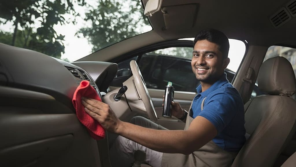 Interior car detailing showing deep cleaning of seats, dashboard, and cabin for hygiene in India