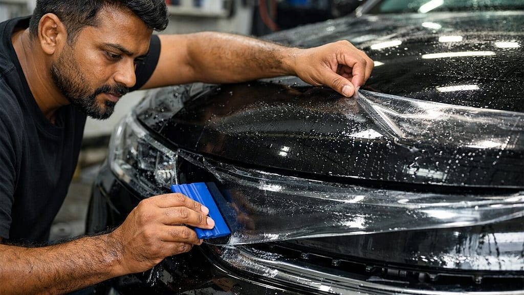 Paint protection film being applied on a car bumper in Indian workshop
