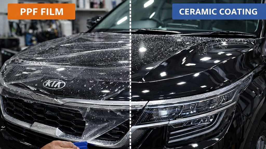 Comparison of paint protection film and ceramic coating on car surface