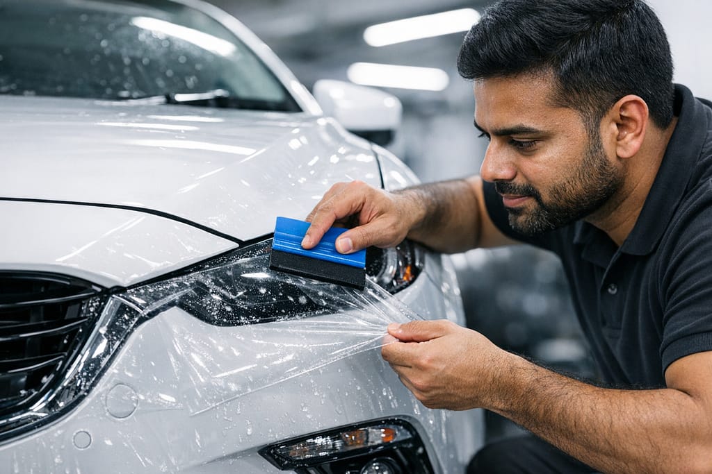A professional detailer carefully applying a transparent PPF sheet using a squeegee on a car's front bumper