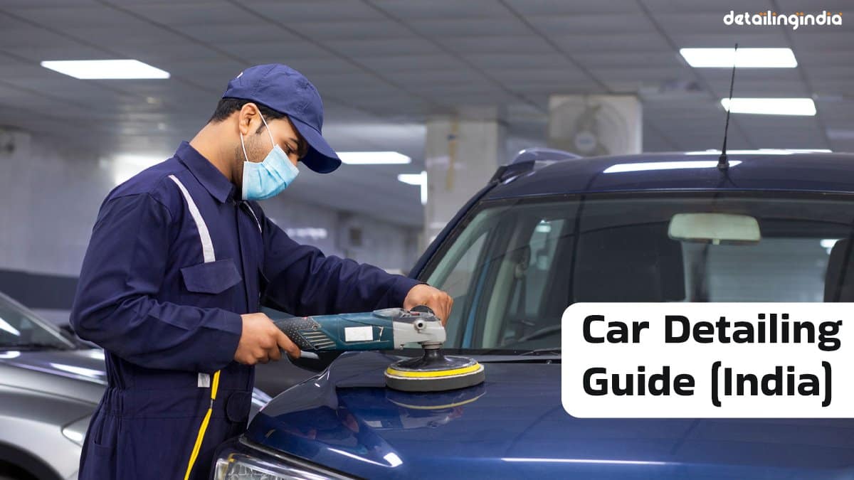 Professional car detailing technician polishing a car using machine polisher in India