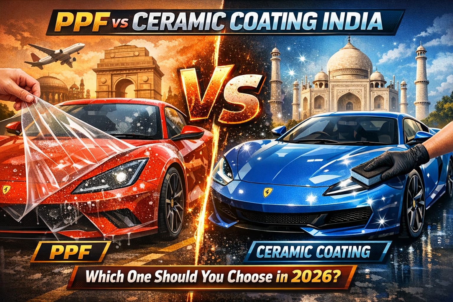 Realistic comparison of PPF vs Ceramic Coating in India showing red Ferrari with paint protection film and blue Lamborghini with ceramic coating near India Gate and Taj Mahal