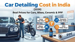 car detailing cost in india 2026 infographic showing ceramic coating ppf and bike detailing prices